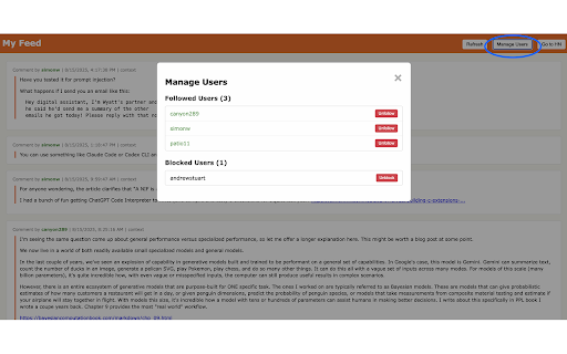 HN Follow/Block :: Follow users and block annoying commenters on Hacker News. See your personalized feed of posts and comments from users you follow.