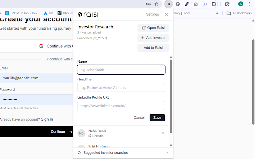Raisi Investor Research :: Save LinkedIn investors to your Raisi workspace from the browser.