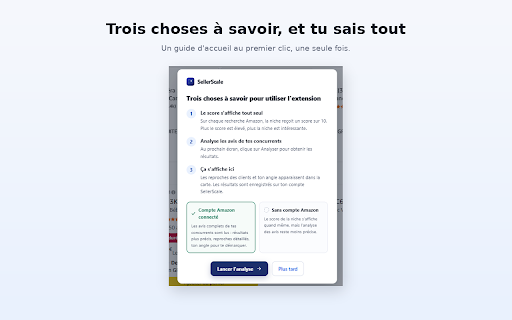 SellerScale :: Le score d'une niche Amazon en un coup d'œil, et ce que les acheteurs reprochent aux vendeurs en place.