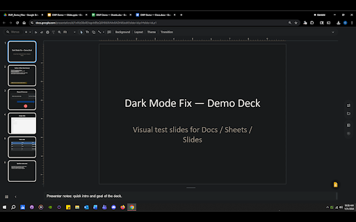 Dark Mode Fix for Google Docs, Sheets & Slides :: Fixes Dark Reader Dynamic in Google Docs/Sheets/Slides by excluding editor content. Optional in-page toggle.