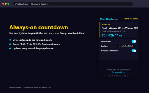 WorldCuply Match-Day Notifier :: Browser notifications 30 min before every FIFA World Cup 2026 match. Filter by team. Time-zone aware. By WorldCuply.com.