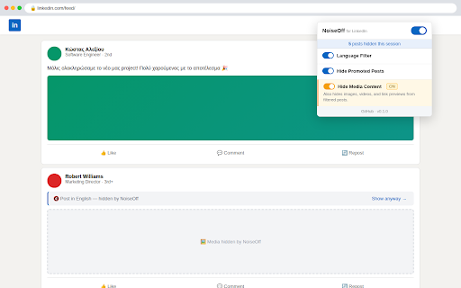 NoiseOff for LinkedIn :: Filter LinkedIn feed by language, hide promoted posts, and cut through the noise.