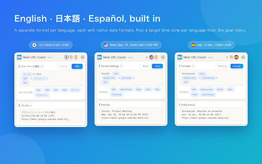 Meet URL Copier :: Copy just the Meet/Zoom link and time from Google Calendar in one click — no dial-in numbers or PINs. Auto time zones, 3 languages.