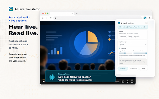 AI Live Translator :: Translate browser video and call audio live with translated speech and captions.