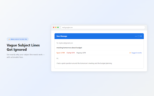 EmailSubjectScore Pro — Email Spam Risk & Subject Line Scorer for Gmail :: Score spam risk, clarity & open rate for every email subject line in Gmail. AI rewrite suggestions in one click. No data sent.