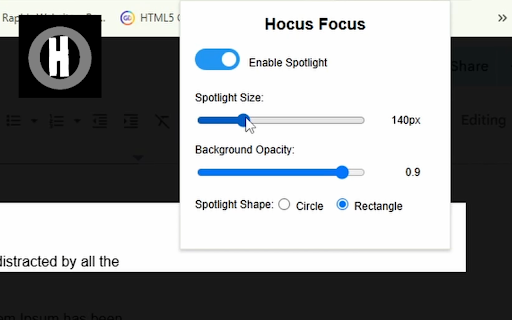 Hocus Focus :: Focus better. Reduce distractions. Creates an adjustable spotlight effect that highlights wherever you point.