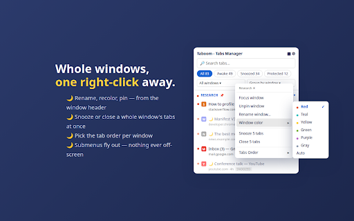 Taboom - Tabs Manager by ariva-tools :: Taboom - Privacy-first smart Tabs Manager to search, snooze, and protect Chrome tabs. Saves memory, runs fully locally.