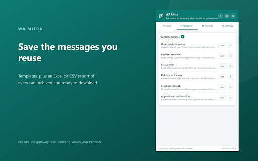 WA Mitra – WhatsApp Bulk Message Sender :: Bulk message sender for WhatsApp Web — personalization, delays, batching, number filter and Excel reports.