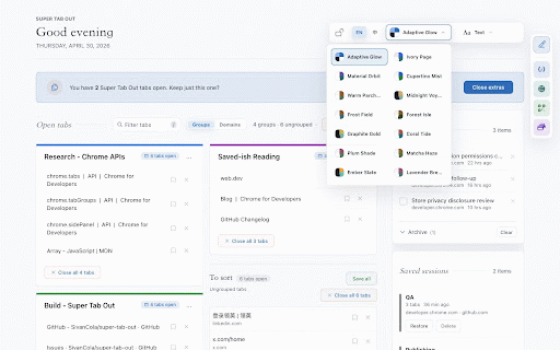 Super Tab Out :: A local-first new tab dashboard for organizing open tabs with tab filtering, privacy mode, themes, and tab groups.