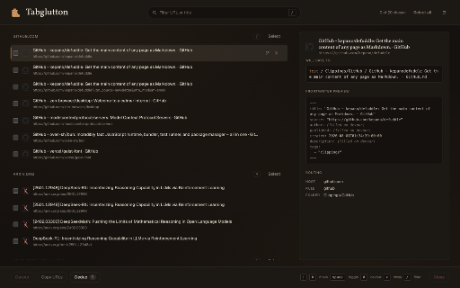 Tabglutton :: Devour a sprawling tab list: close duplicates, or save pages into your Obsidian vault and close them.