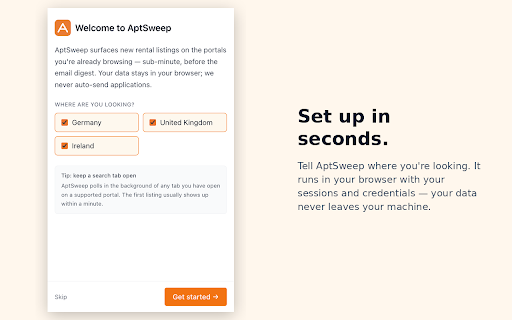 AptSweep :: New rental listings from top UK, German, Irish & US portals — surfaced in your popup within 60 seconds.
