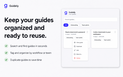Guidely: Step-by-Step Guide, SOP & Screenshot Maker :: Record clicks into a step-by-step guide with a screenshot per step, then export a PDF for free. Great for SOPs & documentation.