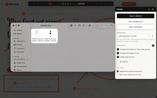 MarkUp: Annotate webpages, prompt AI agents :: Annotate live webpages and export structured change requests to AI coding assistants. Draw your changes instead of describing them.
