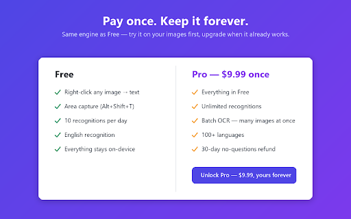 Copy Text from Image - OCR by MiniWebtool :: Right-click any image or capture any area - the text is recognized on your device and copied. Pay once, no subscription.