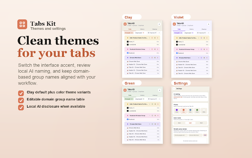 Tabs Kit :: Organize Chrome tab groups with local AI naming, fast ungrouping, history restore, search, and cleanup.