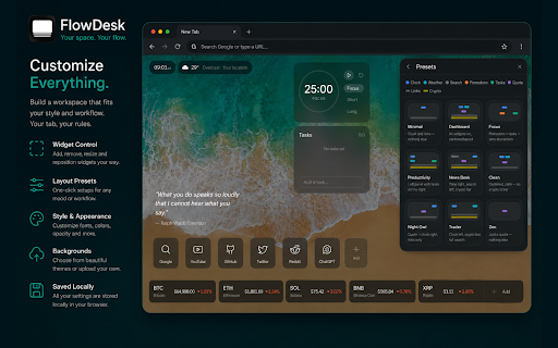 Minimal New Tab & Productivity Workspace | FlowDesk :: A beautiful new tab dashboard with clock, weather, crypto tracker, bookmarks, Pomodoro timer, and custom backgrounds.