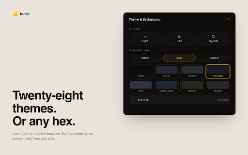 butter — buttery-smooth new tab :: A buttery-smooth new tab for developers. PRs, Linear issues, focus timer, notes — without the bloat.