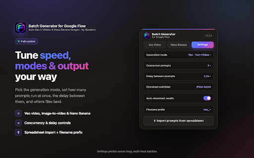 Batch Generator for Google Flow - Auto Veo 3 Videos & Nano Banana Images :: Automate Google Flow: batch generate Veo 3 AI videos & Nano Banana images in bulk. Auto-submit prompts, auto-download every result.
