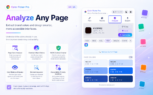 Color Picker Pro - Auto Palette Generator & Color Harmony :: Pick colors from any webpage instantly. Auto palette generator, 11 harmony types, WCAG contrast checker & design token export.