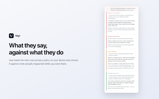 Veyl — Privacy Agent for the Web :: Veyl shows you what a website is actually doing with your data, in plain language, without ever sending your browsing anywhere.