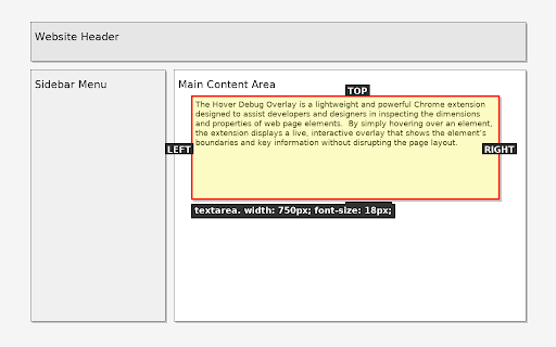 Hover Debug Overlay :: Show overlay with TOP/LEFT/RIGHT/BOTTOM on element hovered with optional element name