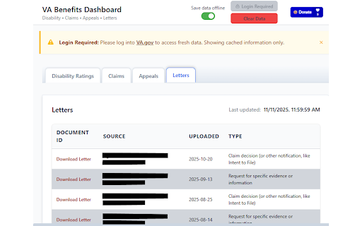 VA Benefits Dashboard :: Enhanced dashboard with VA disability ratings, claims, appeals, and letters with automatic refresh and better data management.