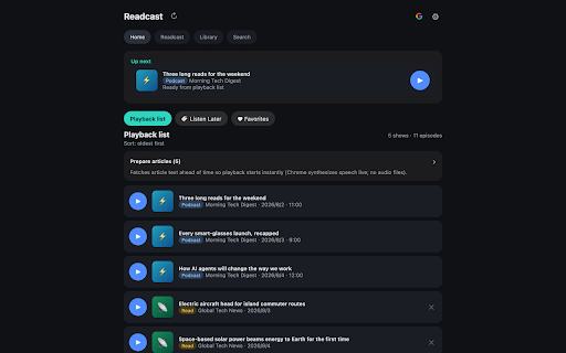 Readcast :: Listen to podcasts and web articles in one playlist. Syncs with the Readcast iOS/Android apps.