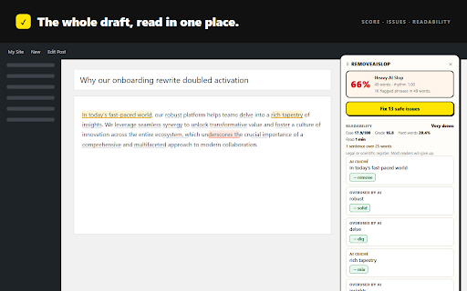 RemoveAISlop: Real-Time AI Slop Detector :: Underlines AI clichés, spelling and grammar in any editor. Unlimited checking, all in your browser; 5 rewrites a day.