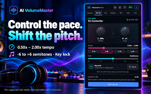 AI VolumeMaster — 800% Volume Booster & Bass :: Boost quiet tabs to 800%, add bass, tune a 10-band EQ, change voices and record. Runs locally. 7-day Pro trial, no card.
