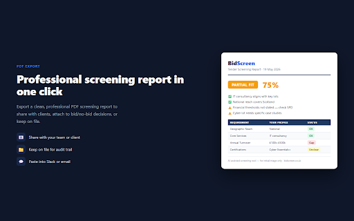BidScreen :: AI-powered tender screening for bid writers. Screen tenders in 30 seconds against your profile. UK, US, Canada and Australia.