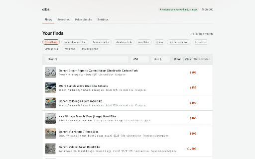 Dibs — Marketplace Alerts :: New listing alerts for Marketplace, Craigslist and OfferUp: push, Telegram, Discord, email or webhook. Runs in your own browser.