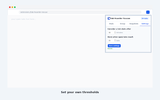 Tab Hoarder Rescue :: Tame tab overload: group tabs by site, spot ones you forgot about, and snapshot/restore whole sessions.