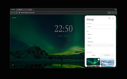 Aperture – Beautiful Start Page :: A focused new-tab workspace with clock, search, timer, quotes, and ambient sounds to help you stay productive.