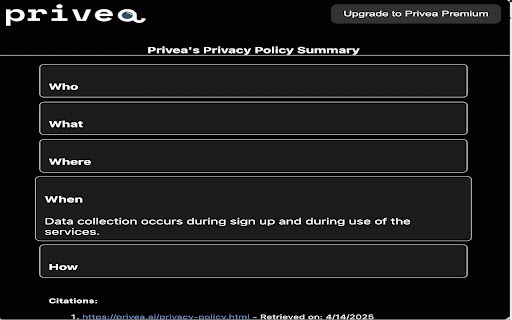 Privea :: An extension that summarizes privacy policies into 5 short bullet points.