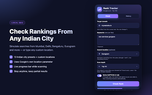Rank Tracker - Google.co.in :: Check your domain's keyword ranking on Google.co.in. Multiple keywords, location, history, CSV export and optional proxy.