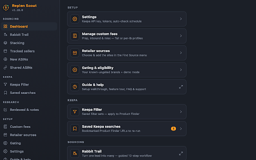 Replen Scout :: Scout profitable Amazon replens on Keepa. Auto-pull FBA fees, calc profit & ROI, track sellers, and overlay a break-even line.
