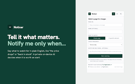Website Change Monitor & Alerts - Noticer :: Watch any page for changes. Private on-device AI summarizes them and alerts you only when it matters. Free, runs on your device.