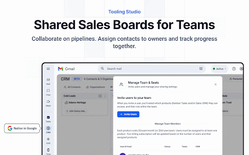 Sales CRM in Gmail and Google Workspace :: Turn Google Contacts into a simple sales CRM inside Gmail. Kanban pipelines, notes, tags & shared boards for individuals and teams.