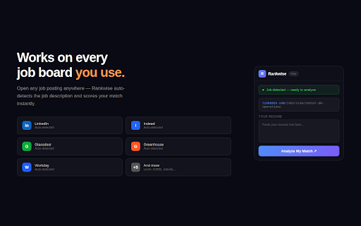 Rankwise – AI Resume Scorer & Rewriter :: Paste your resume, open any job posting. Rankwise scores your ATS match and rewrites your bullets with Claude AI — in seconds.