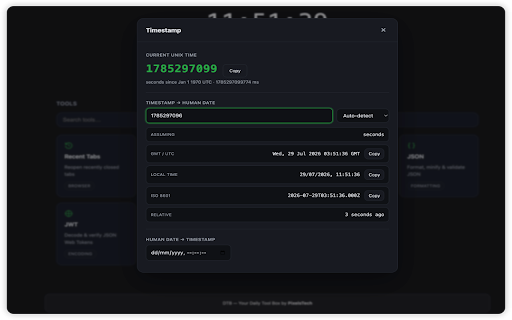 DTB - Daily Tool Box :: Your Daily Tool Box. A new tab full of developer tools — Base64, Timestamp, Hash, JSON, JWT and more — plus a clock and your IP.