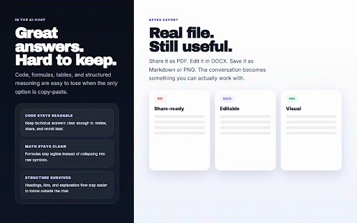AI Chat Exporter & Sharer - PDF, DOCX & More :: Export AI chats to PDF, DOCX, Markdown, images, and JSON with local processing and message selection.
