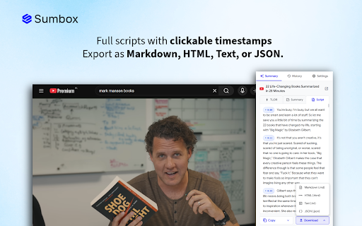 Sumbox - YouTube & web summarizer :: Summarize YouTube videos and articles with one click. Get TL;DR, detailed summaries, and full transcripts.