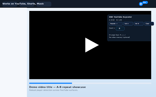Repeat for YouTube™ A-B — HNE Looper :: Loop any YouTube segment with A-B repeat and counts (∞ or N). Clean popup UI, hotkeys, badge. Works on Shorts & YouTube Music.