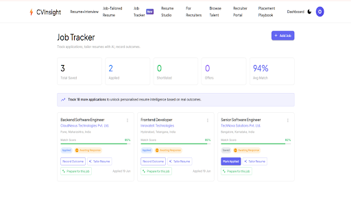 CVInsight - Job Match Score :: Instantly see how your resume matches any job on LinkedIn, Naukri, Indeed & more. Track applications in one click.