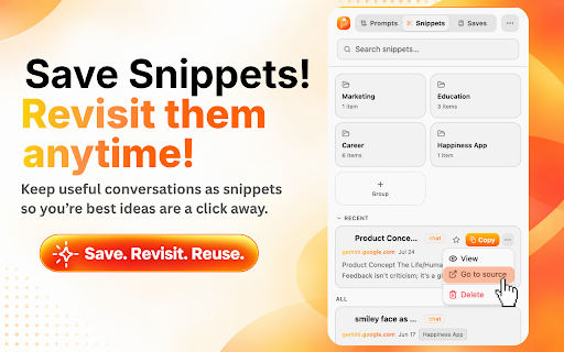 PromptGo :: Save, organize, and reuse your best AI prompts and chat snippets. Works on ChatGPT, Claude, Gemini, and Perplexity.