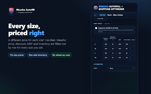 Meesho Autofill + Shipping Optimizer :: Meesho Autofill + Shipping Optimizer for profiles, catalog forms, and verified lower-shipping image search.