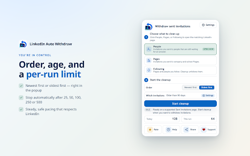 LinkedIn Auto Withdraw :: Withdraw pending LinkedIn People and Pages invitations, remove follows in bulk, with a per-run limit and local-only automation.
