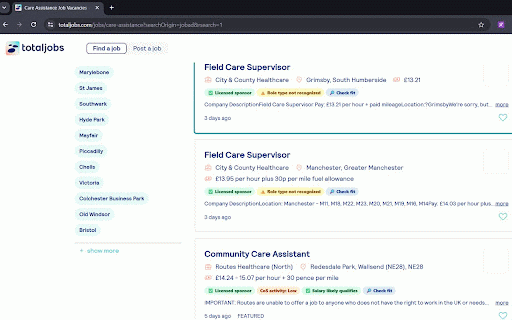 VisaAtlas Sponsor Check :: Labels jobs on LinkedIn, Indeed, Reed, Totaljobs and CV-Library with UK sponsor-licence, CoS-activity and salary badges.