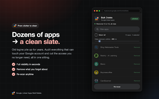 Google Linked Apps Bulk Delete & Cleanup :: Bulk-delete the third-party apps linked to your Google Account. See every connected app, select, and remove access in one click.