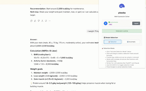pheebo - AI math checker :: Free math solver for ChatGPT & Claude. Verify AI answers. Selection mode free, automatic pro.